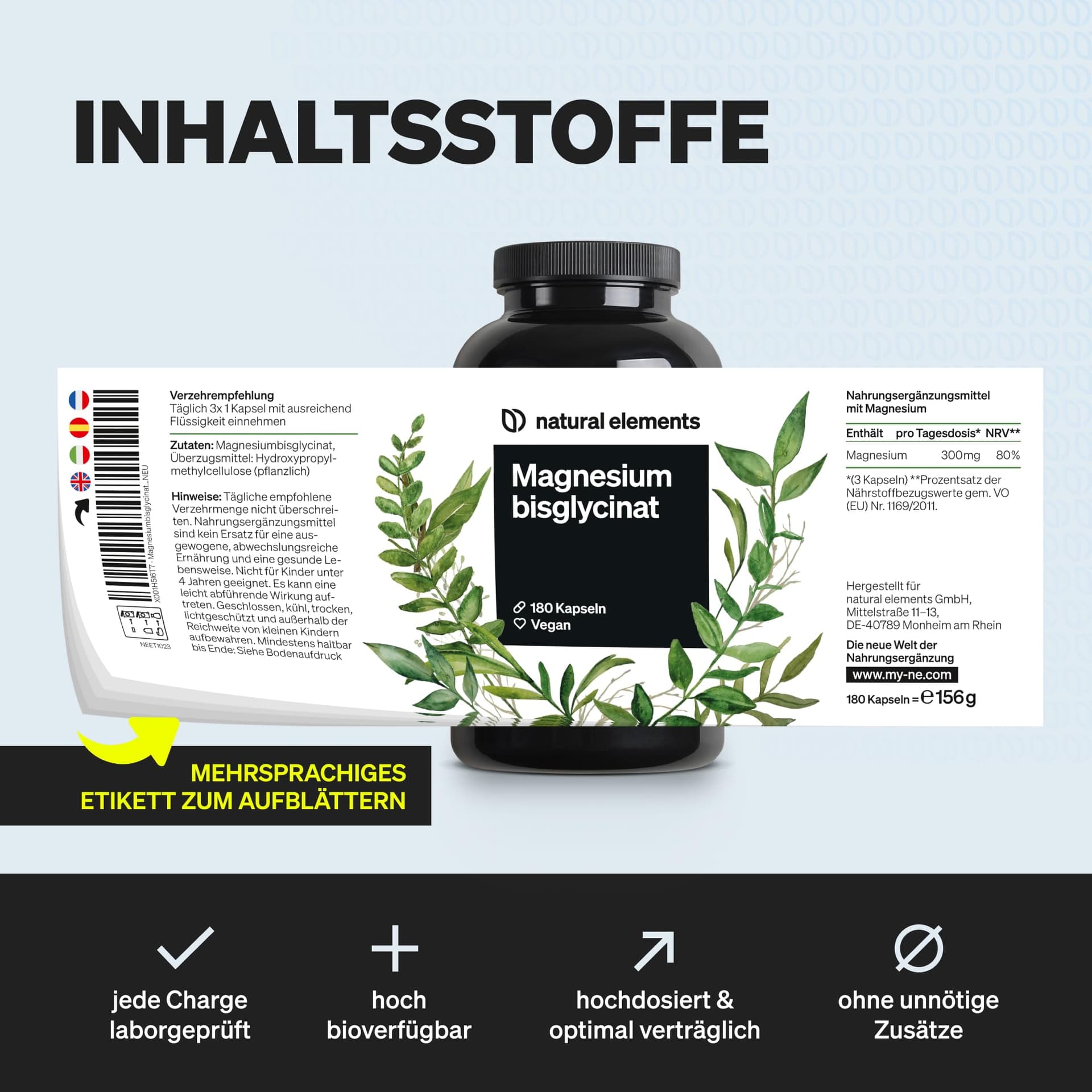 Natural Elements Magnesiumbisglycinat - Premium: Chelatiertes Magnesium - 180 Kapseln – Bild 6