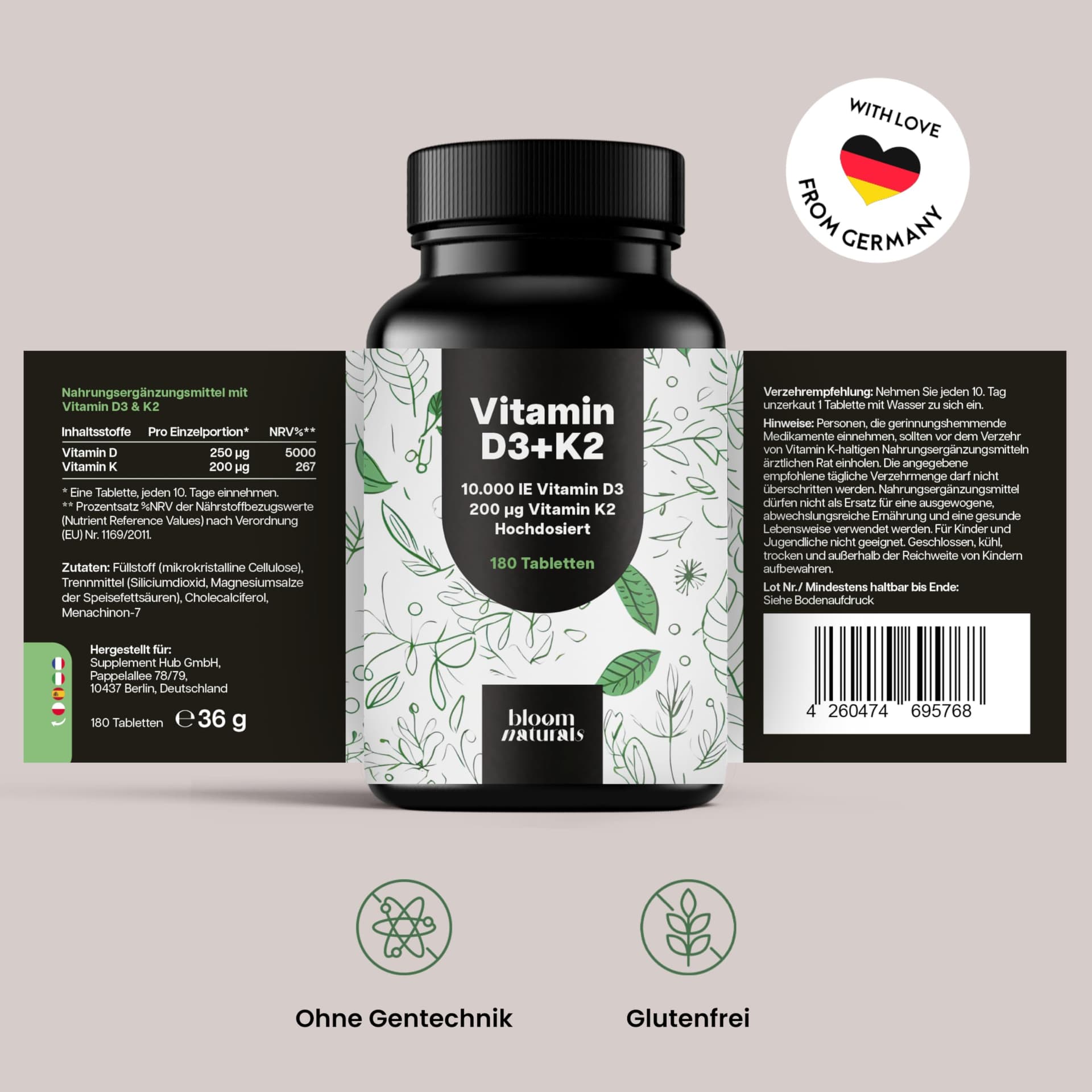 Bloom Naturals Beauty Supplements Vitamin D3 K2 hochdosiert – 180 Tabletten – Bild 7