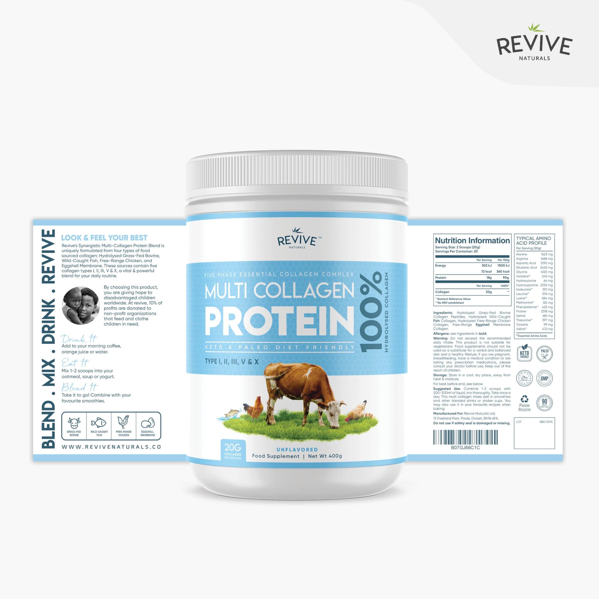 Revive Naturals Multi Collagen Peptides Protein Powder - 454g – Bild 3