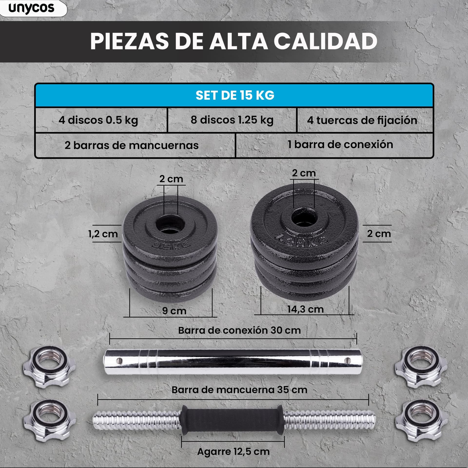 unycos Par de Mancuernas Ajustables y Antideslizantes con Barra de Conexión【15 kg – Bild 4
