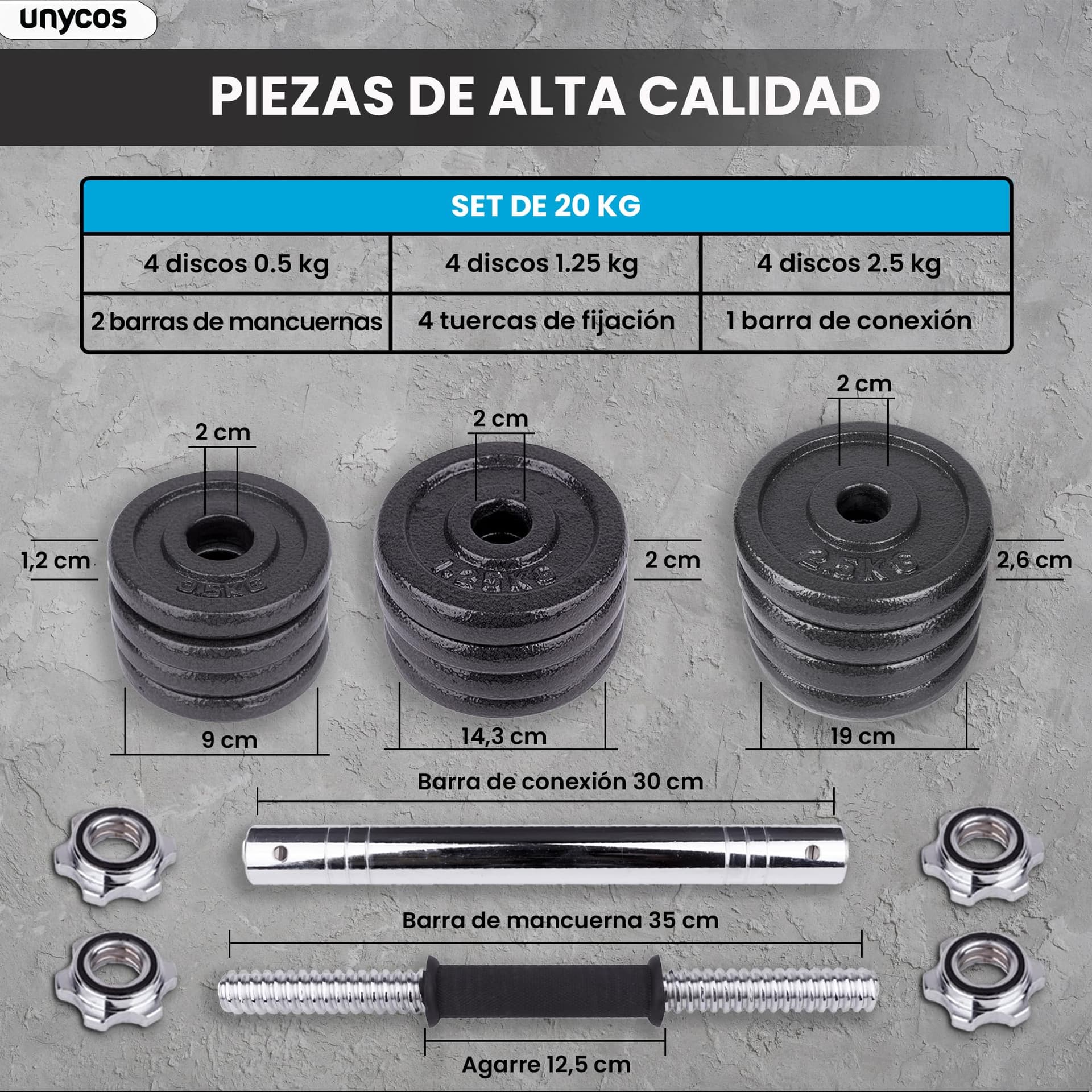 unycos Par de Mancuernas Ajustables y Antideslizantes con Barra de Conexión【20 kg – Bild 4