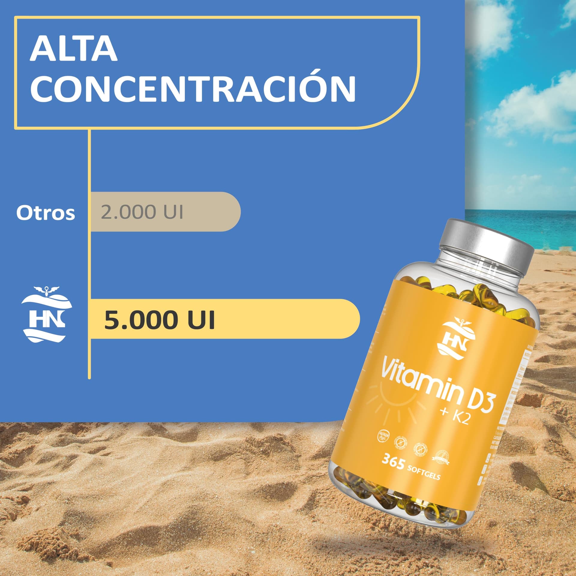 HN - Healthy Nutrition Vitamine D 5000 UI Vitamine D3 K2. 365 Capsules – Bild 4