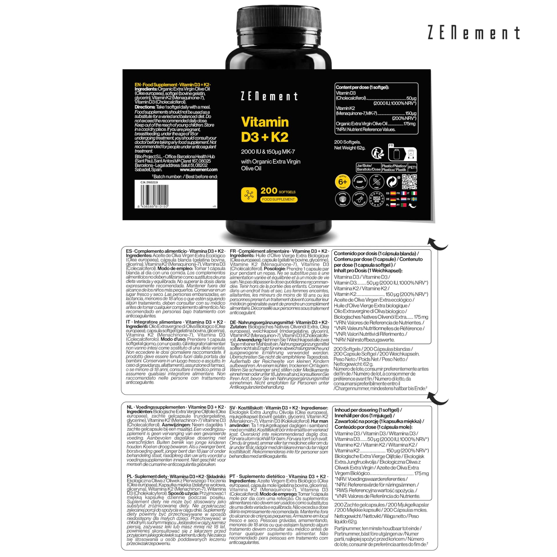 Zenement | Vitamina D3 + K2, Colecalciferolo (2000 UI) & MK-7 (150 μg), 200 Capsule – Bild 4