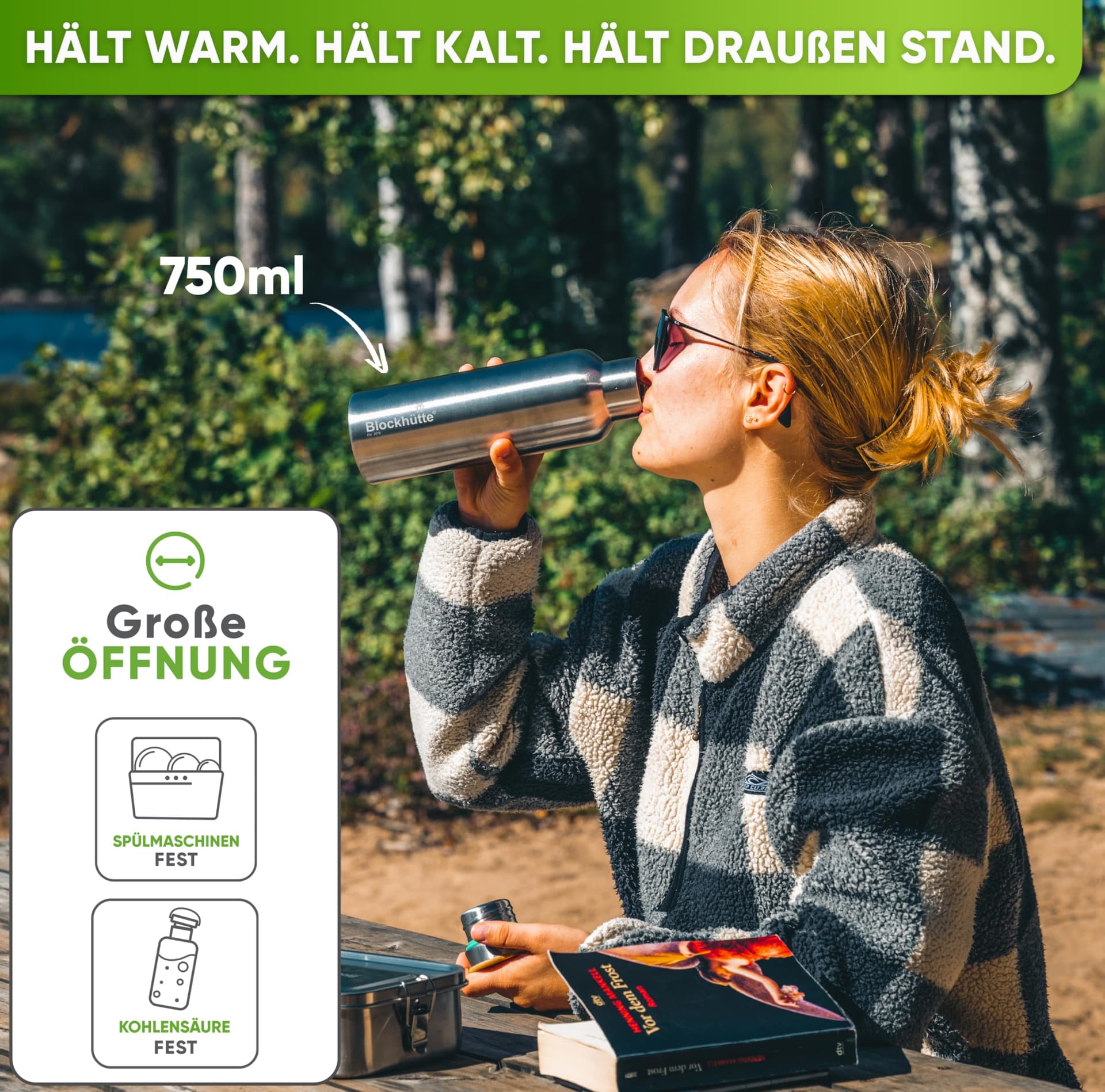 Blockhütte Premium Edelstahl Trinkflasche isoliert I 750ml – Bild 2