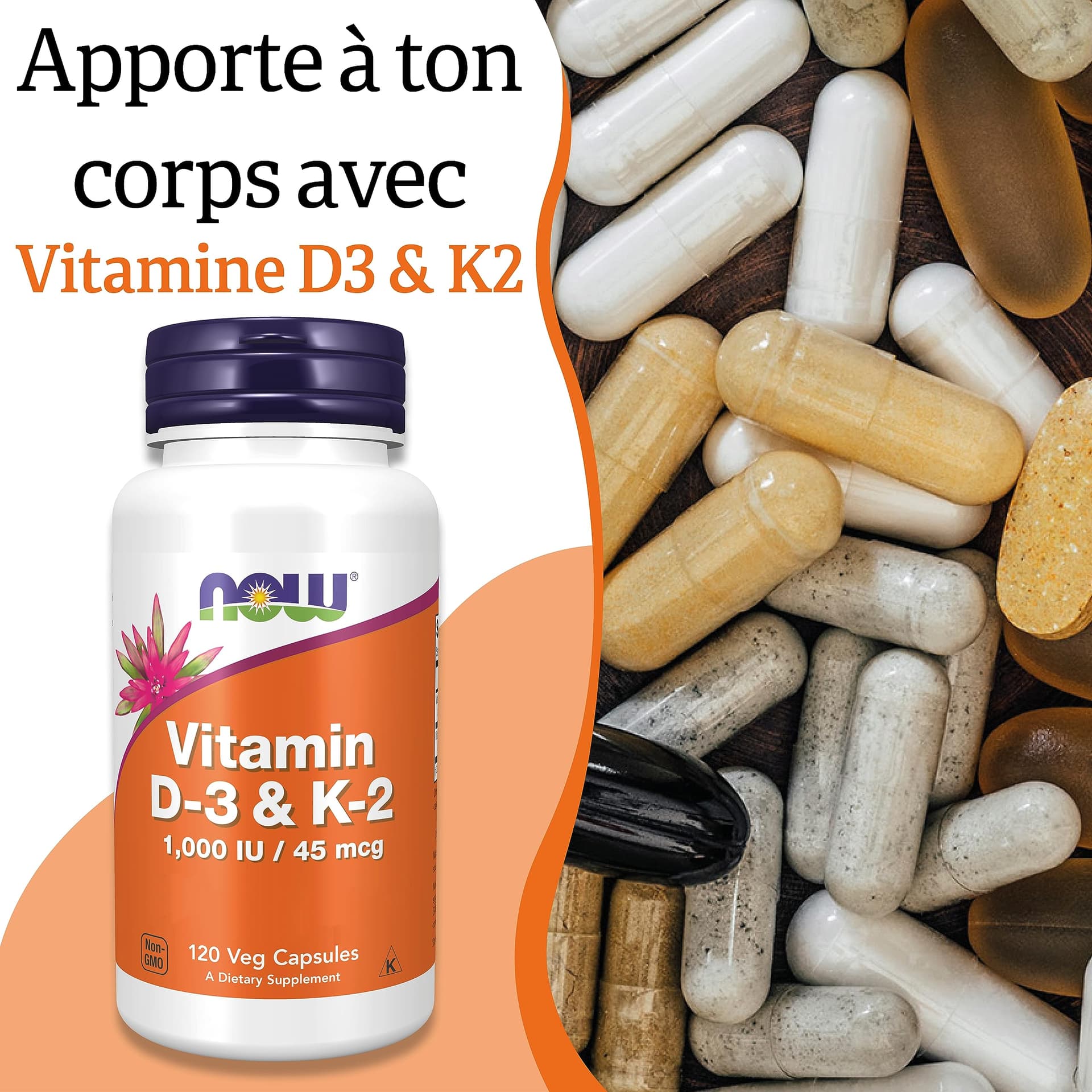 NOW Foods, Vitamin D3 & K2, 1,000IU, 120 Capsules – Bild 2