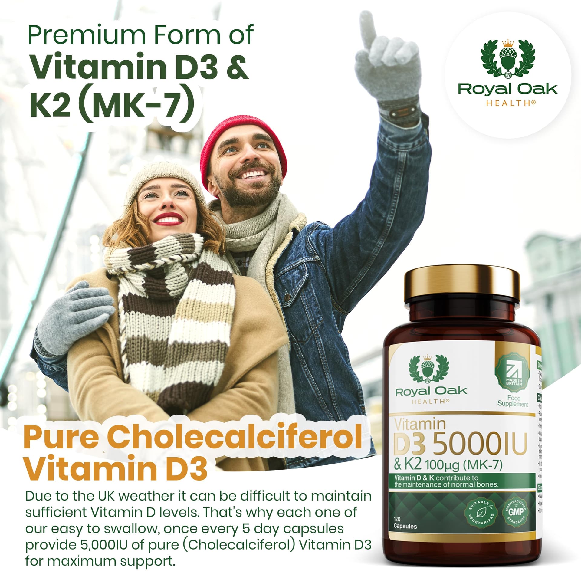 Royal Oak Health Vitamin D3 5000 IU & Vitamin K2 100mcg (MK-7) x120 Capsules – Bild 4
