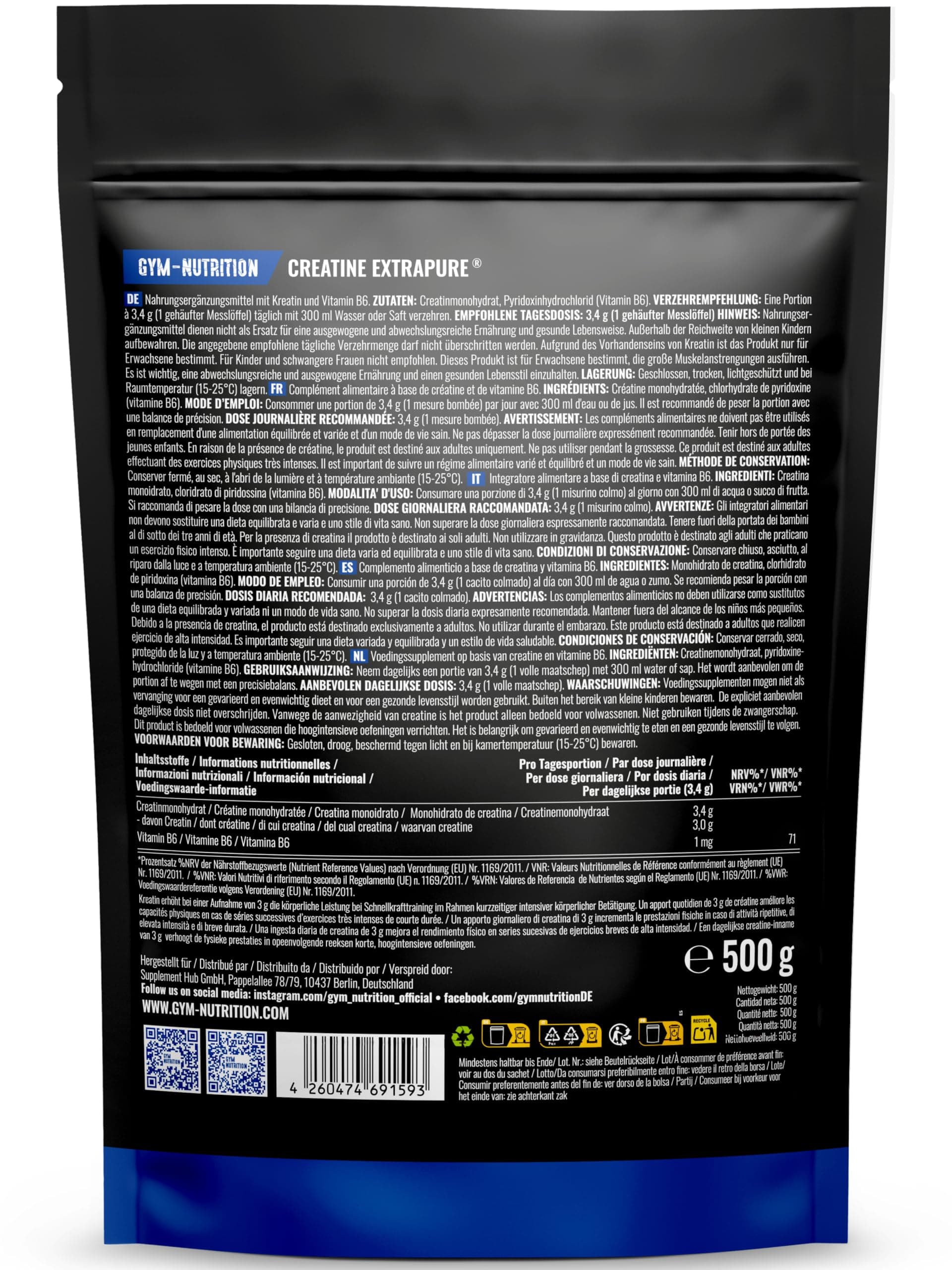 Gym Nutrition Creatin Monohydrat Pulver 500g – Bild 2