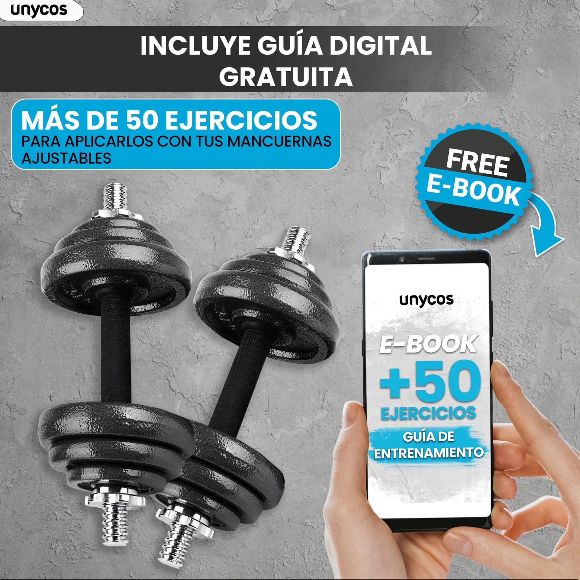 unycos Par de Mancuernas Ajustables y Antideslizantes con Barra de Conexión【20 kg – Bild 7