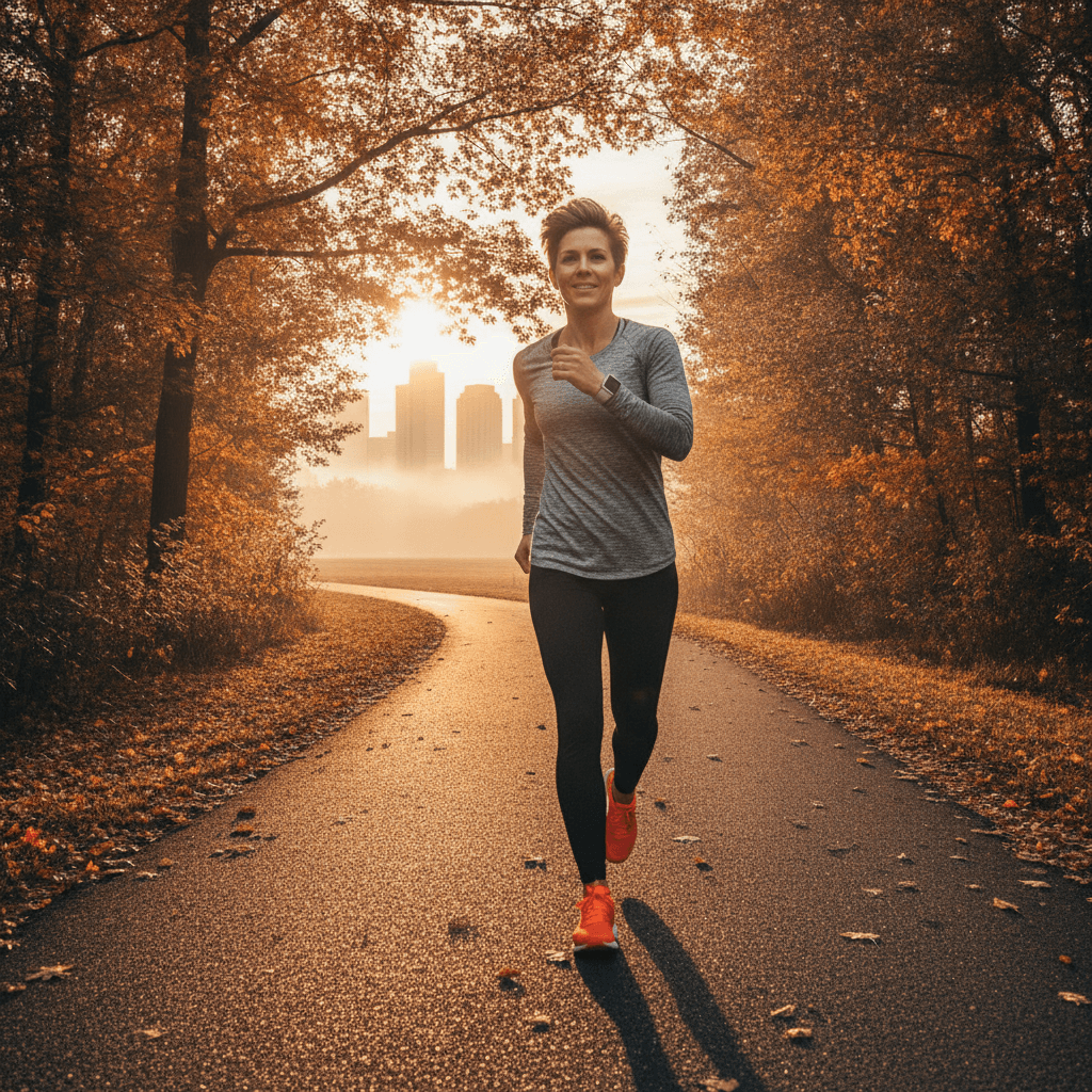 Person läuft zügig auf einem Weg durch einen herbstlichen Park bei Sonnenaufgang und trägt einen Fitness-Tracker am Handgelenk