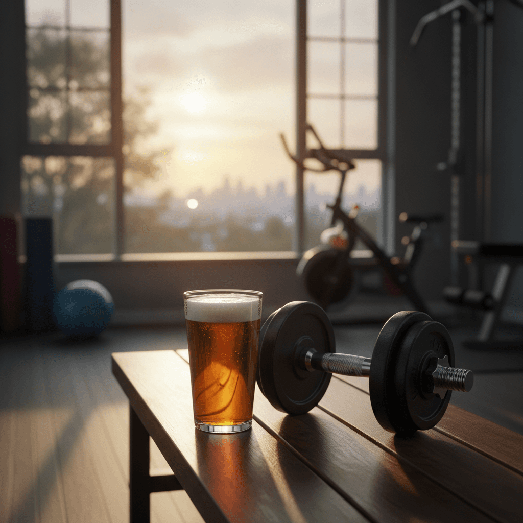 Bicchiere di birra mezzo vuoto accanto a un manubrio su una panca di legno in una palestra domestica, calda luce serale