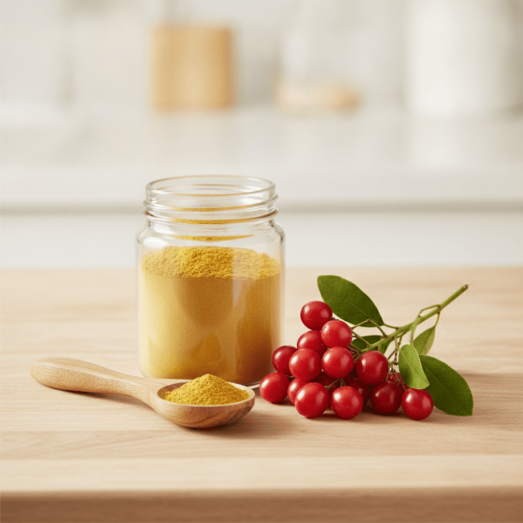 Glas mit goldgelbem Ashwagandha-Wurzelpulver neben frischen Ashwagandha-Beeren auf einer hellen Holzfläche