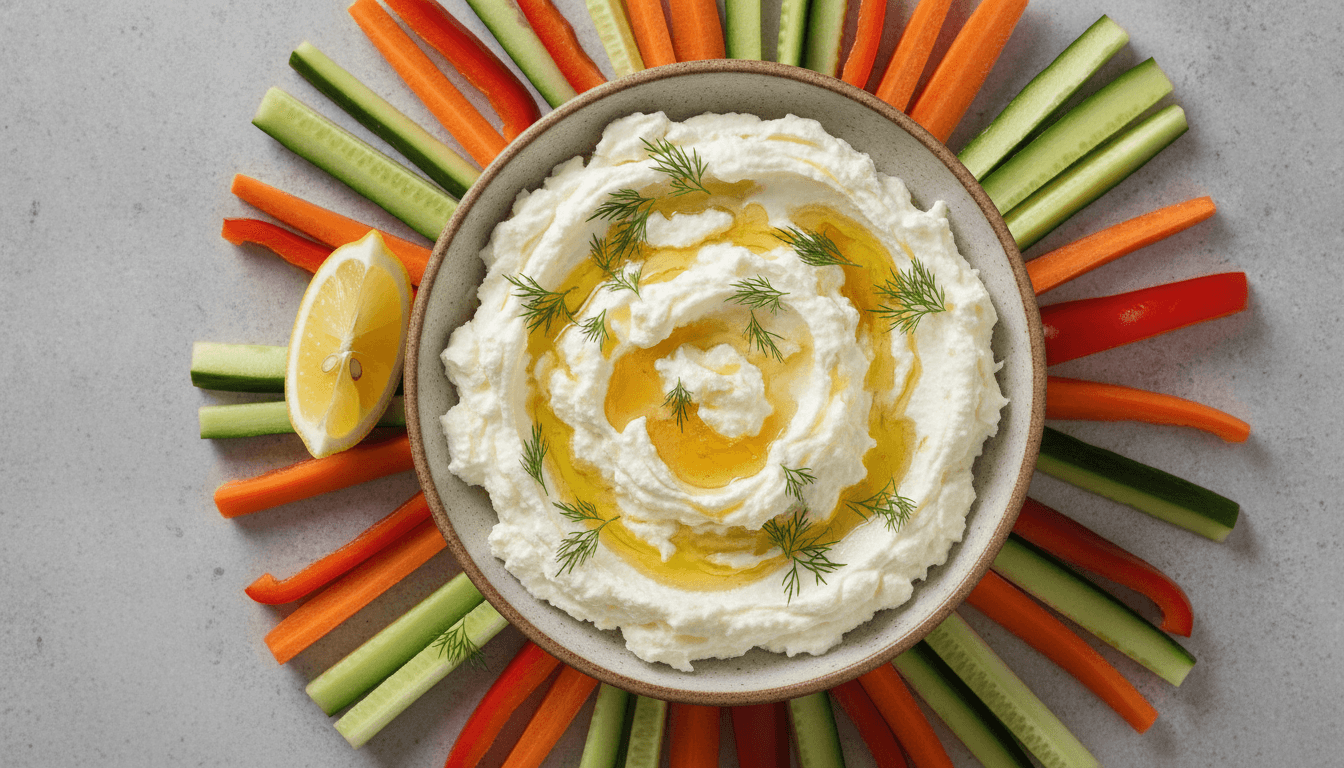 Schale mit luftig aufgeschlagenem Feta-Dip, beträufelt mit Honig und Dill, umringt von Gurken-, Paprika- und Karottensticks
