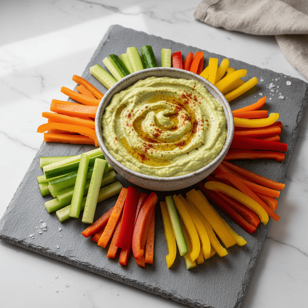 Schale grüner Avocado-Hummus mit Paprika-Pulver, daneben Gurken- und Paprika-Sticks