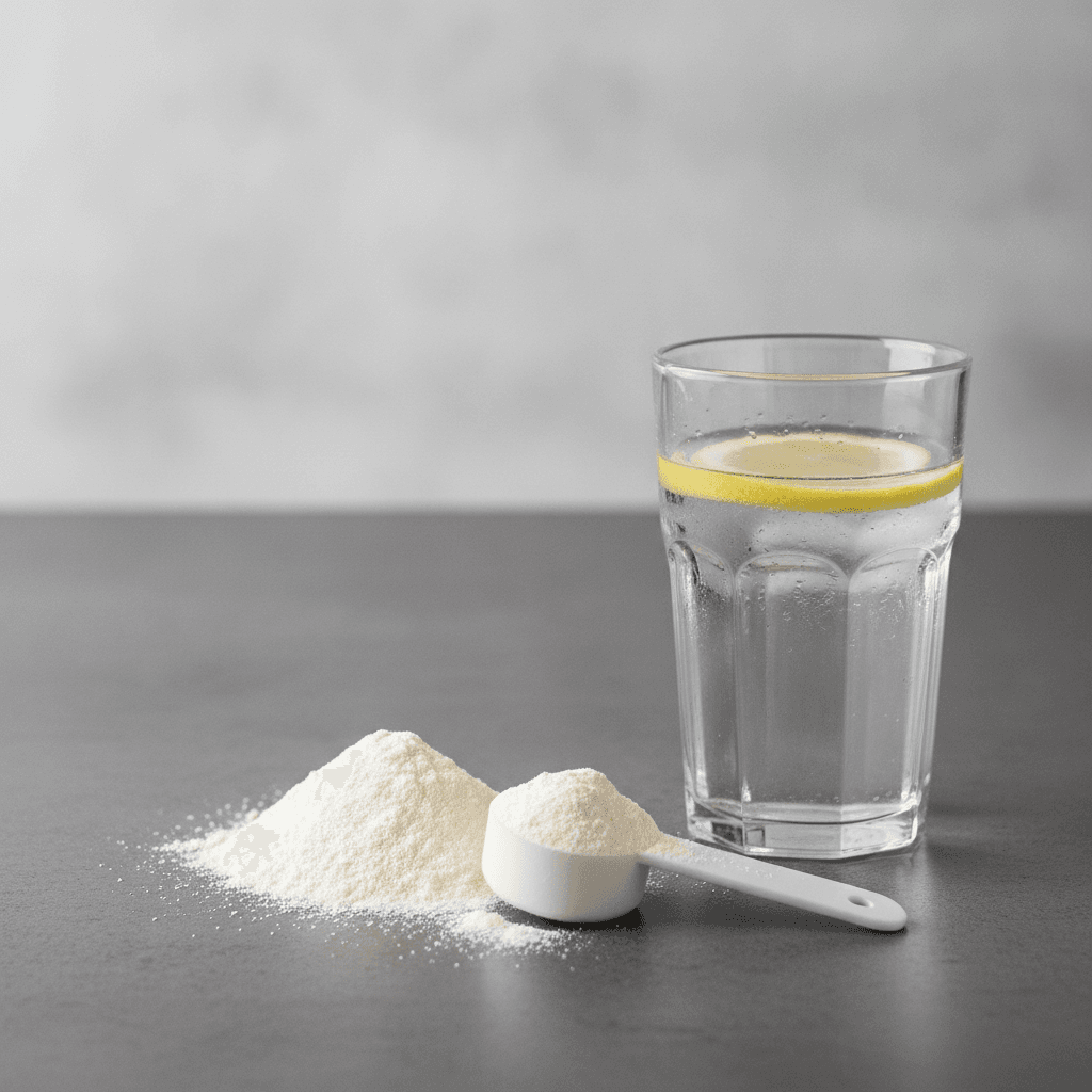 Ein kleiner weißer Messlöffel mit feinem cremeweißem Pulver neben einem Glas Wasser auf dunkler Oberfläche