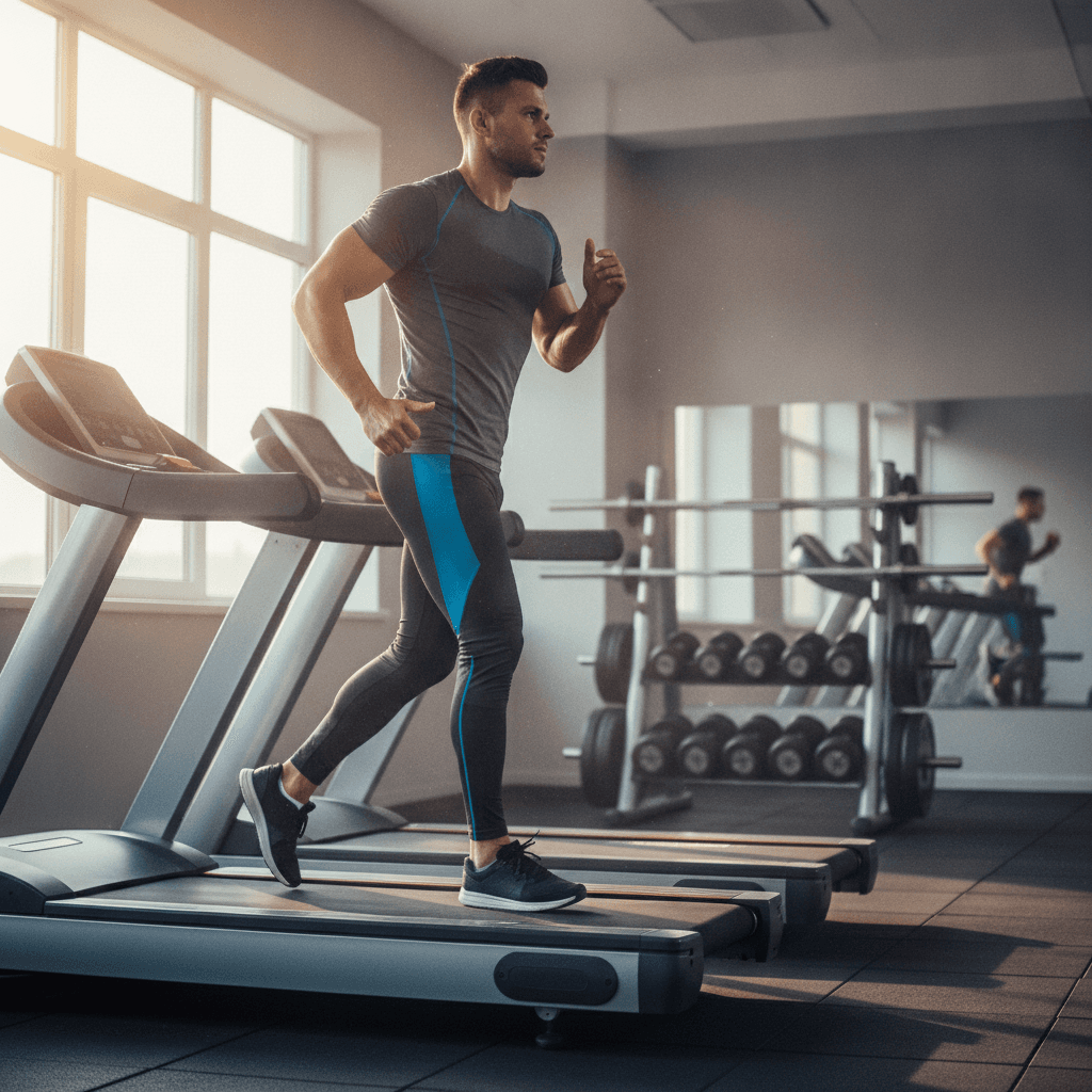 Athletische Person beim Laufen auf dem Laufband im Vordergrund, unscharfe Hantelbank und Gewichtsscheiben im Hintergrund eines modernen Trainingsstudios