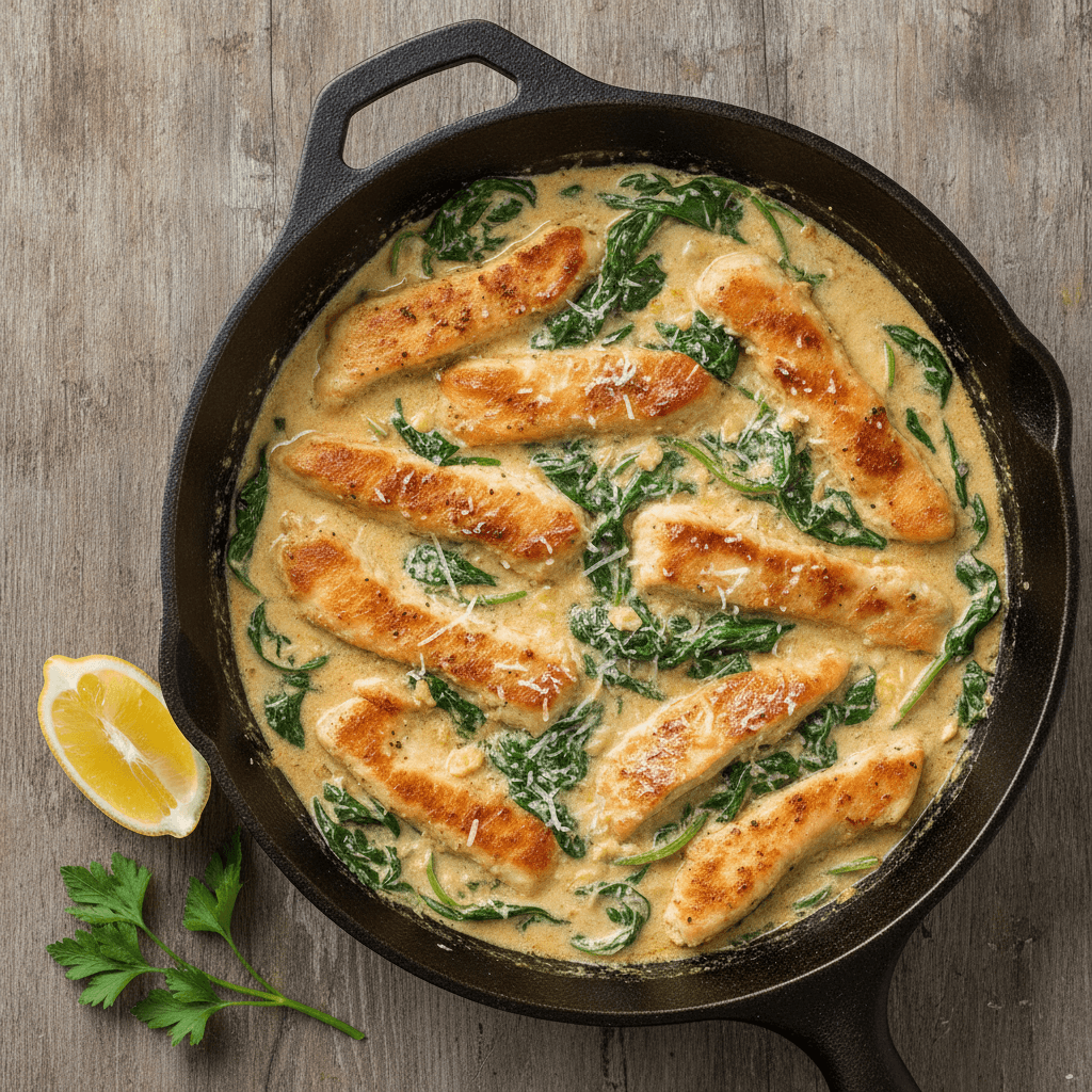 Cremige Hähnchen-Spinat-Pfanne mit Frischkäse-Sauce und Parmesan in einer gusseisernen Pfanne
