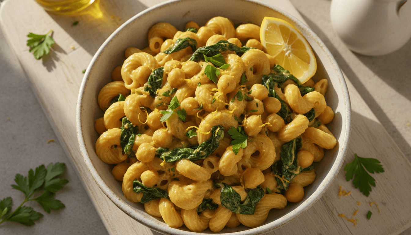 Vollkorn-Pasta mit cremiger Kichererbsen-Sauce, Spinat und Petersilie in einer Schale, daneben eine Zitronenspalte