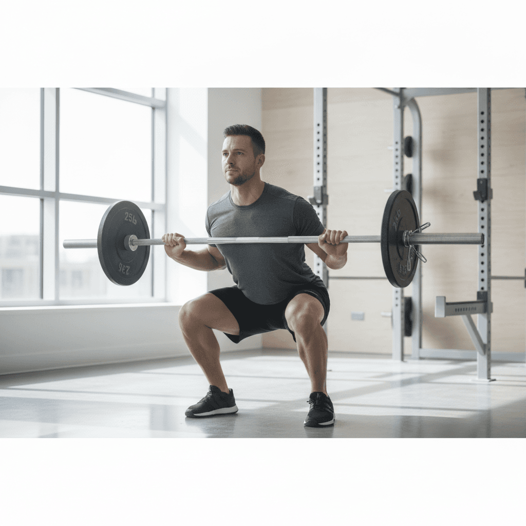 Pratiquant realisant un squat barre controle avec une charge moderee dans une salle lumineuse