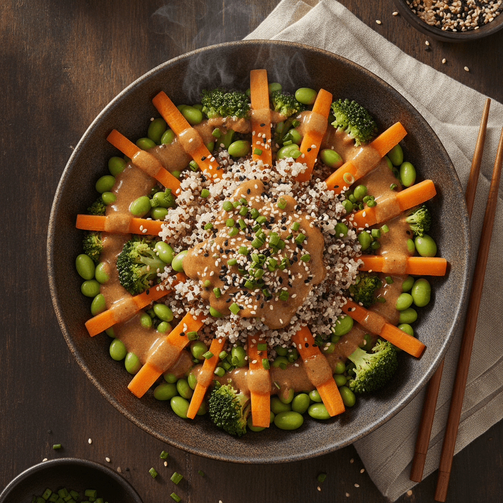 Vegane Edamame-Quinoa-Bowl mit Brokkoli, Karotten, Sesam und Schnittlauch in einer dunklen Keramikschale