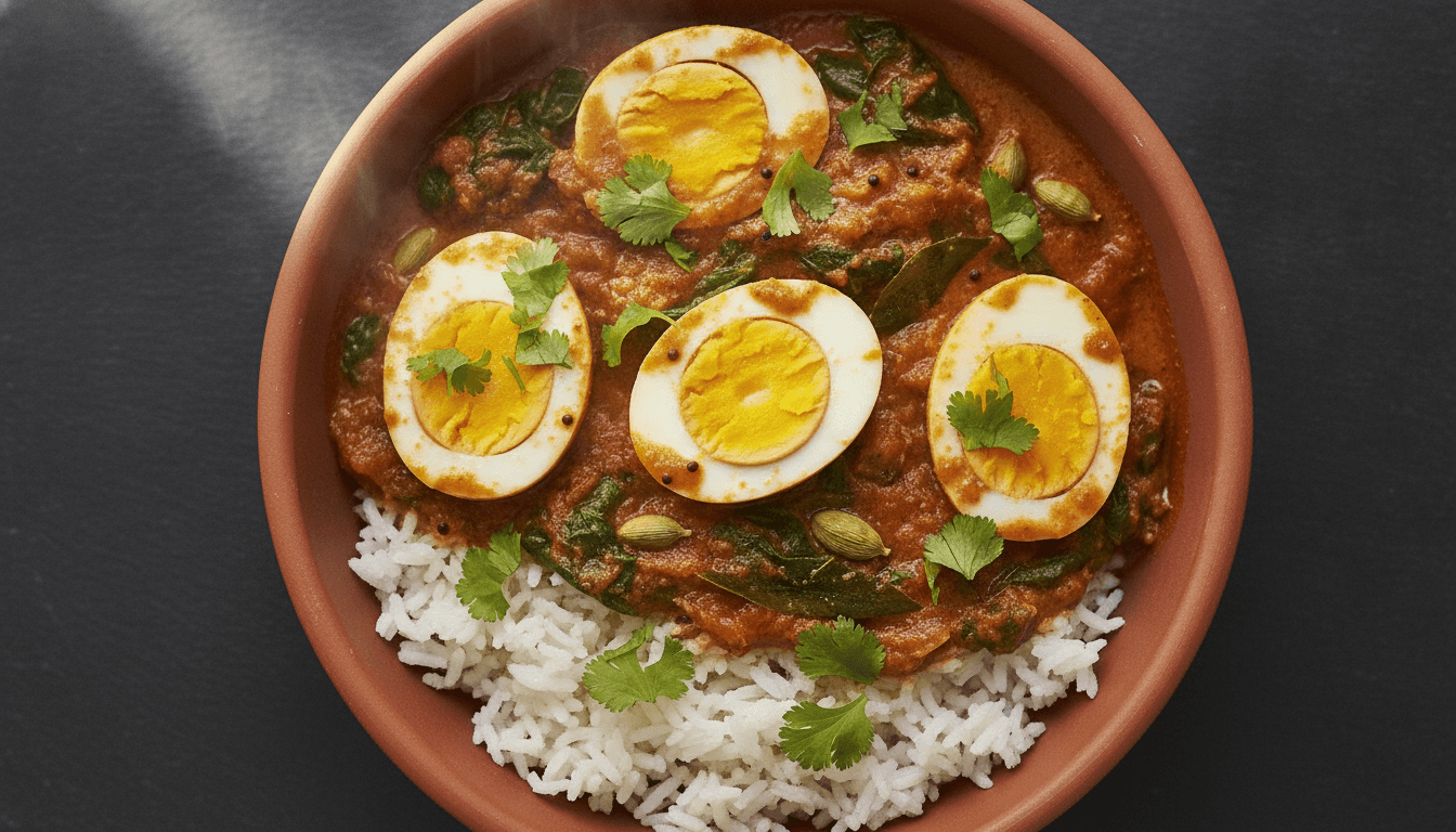 Ei-Curry mit halbierten Eiern in cremiger Tomaten-Kokos-Sauce mit Spinat auf Basmatireis, bestreut mit Koriander