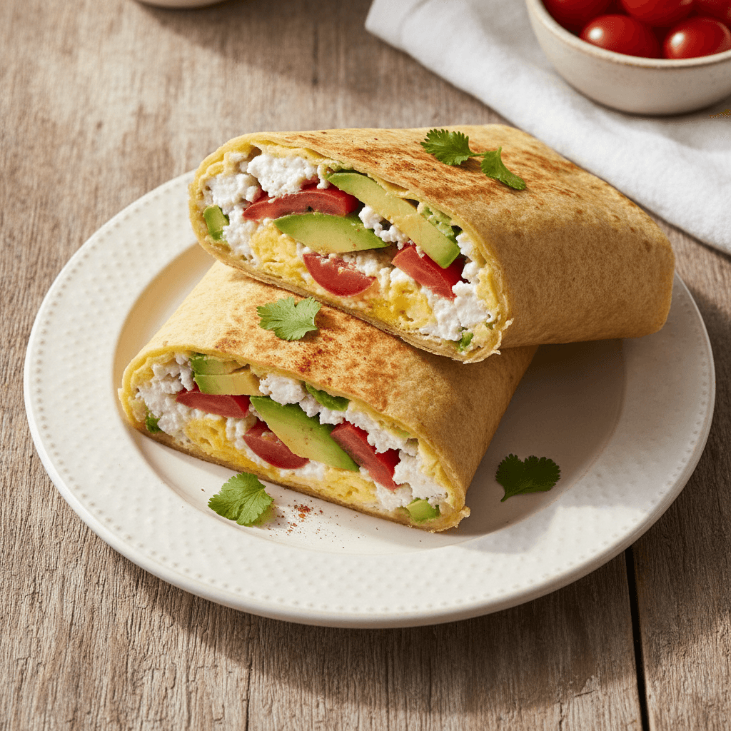 Aufgeschnittener Frühstücks-Wrap mit cremigem Rührei, Hüttenkäse, Avocado und Kirschtomaten auf hellem Teller