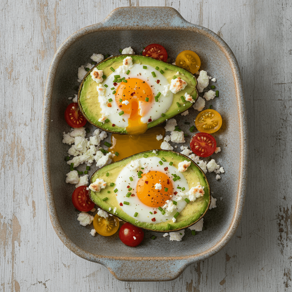 Gebackene Avocadohälften mit Ei, Feta, Kirschtomaten und Schnittlauch in einer Auflaufform