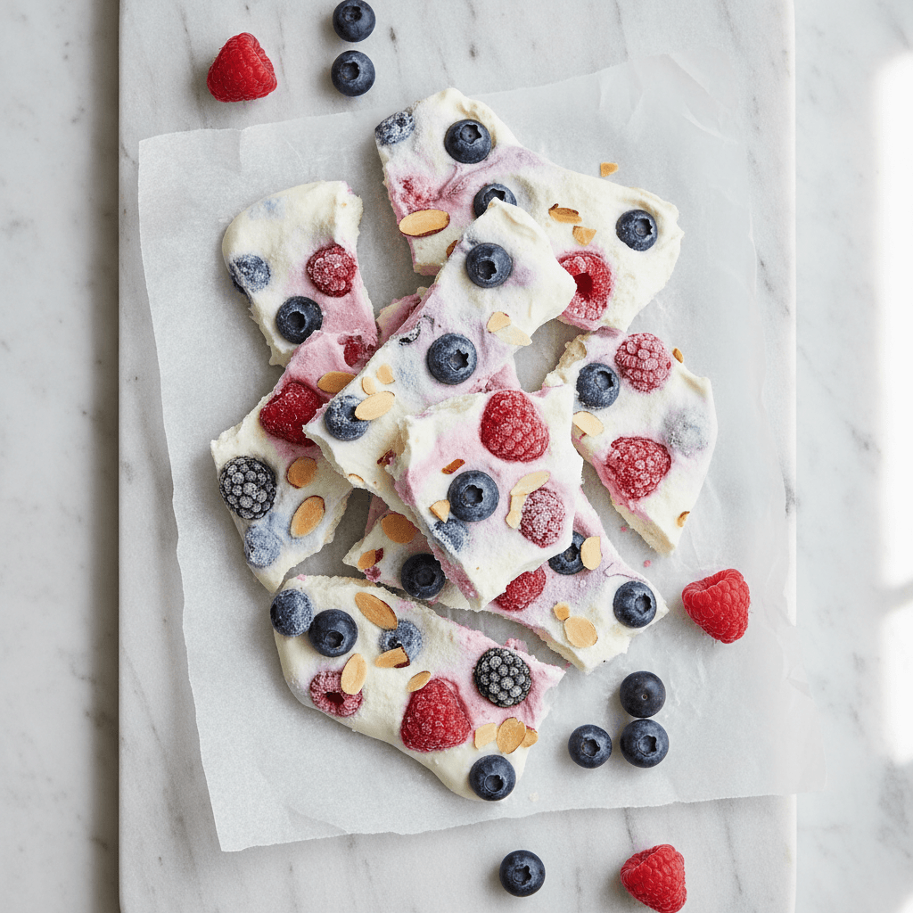Stücke gefrorener Skyr-Bark mit Heidelbeeren, Himbeeren und Mandeln auf Backpapier