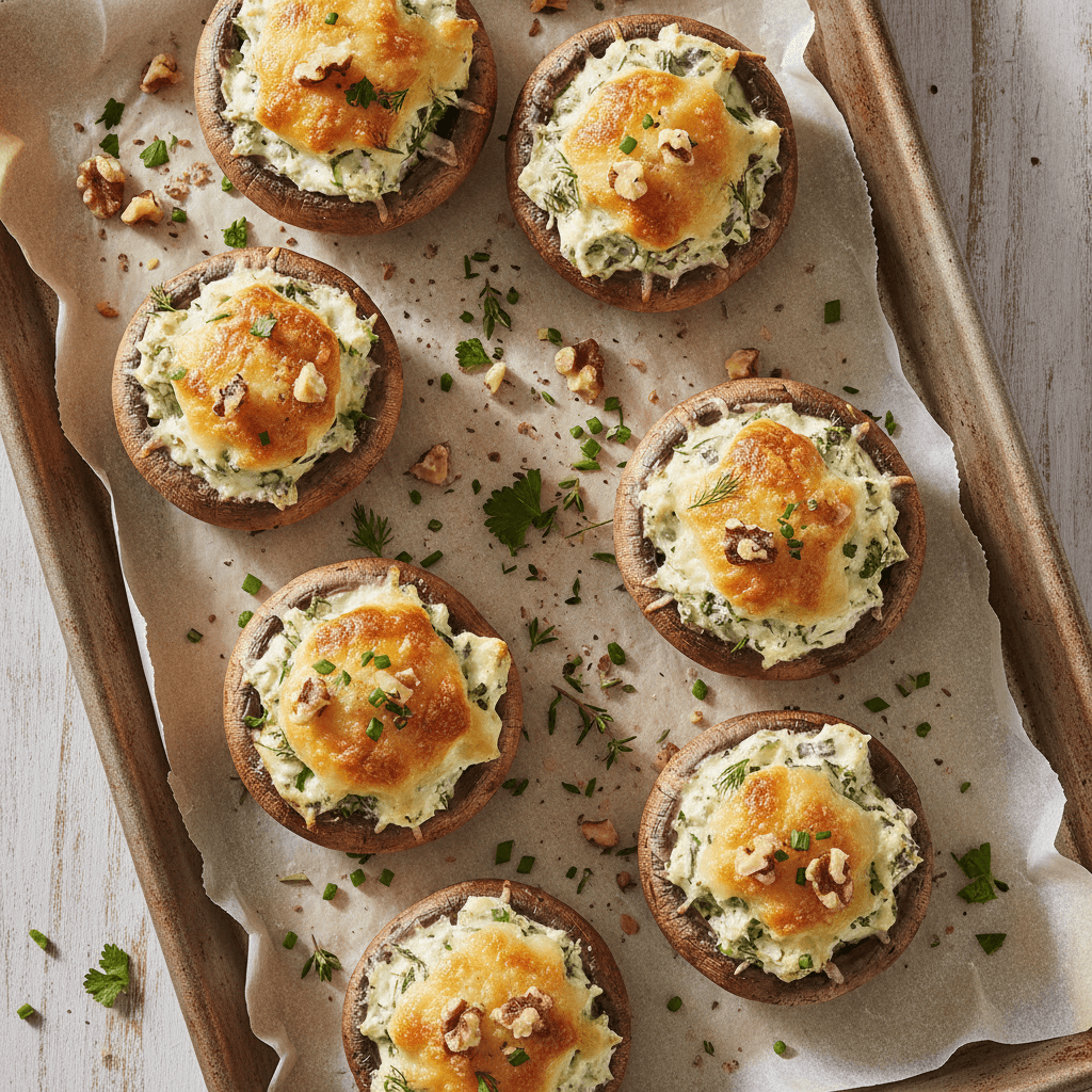 Gefüllte Champignons mit Kräuter-Frischkäse und Parmesan, bestreut mit Walnüssen, auf einem Backblech