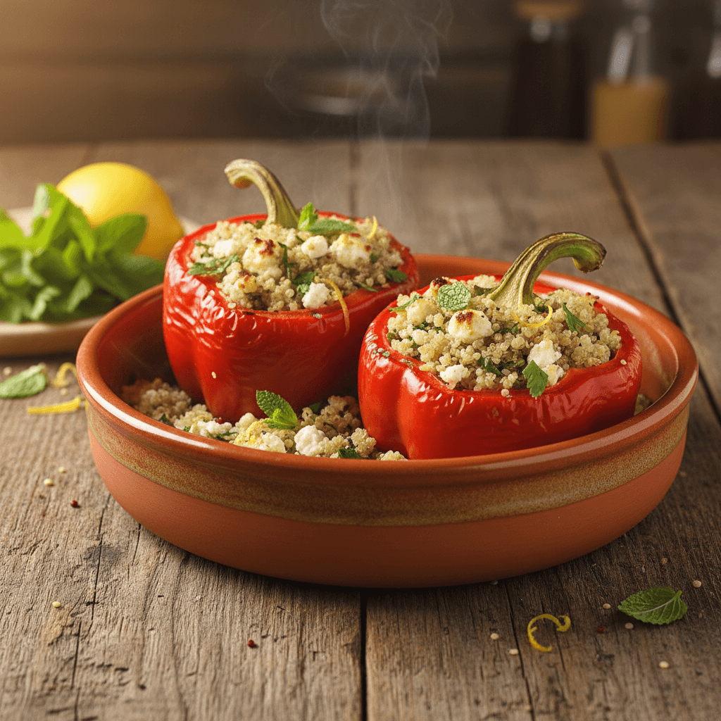 Zwei große rote Paprika gefüllt mit Quinoa und Feta, golden gebacken, mit frischer Minze auf Holztisch