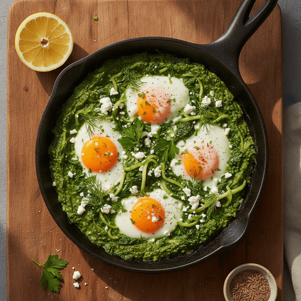 Grüne Shakshuka in dunkler Gusseisenpfanne mit pochierten Eiern auf Spinat und Zucchini, Feta und frischen Kräutern