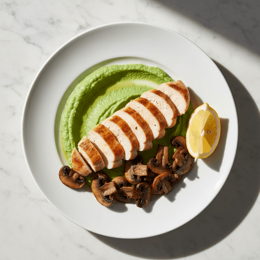 Sliced chicken breast on bright-green broccoli purée with sautéed mushrooms and lemon