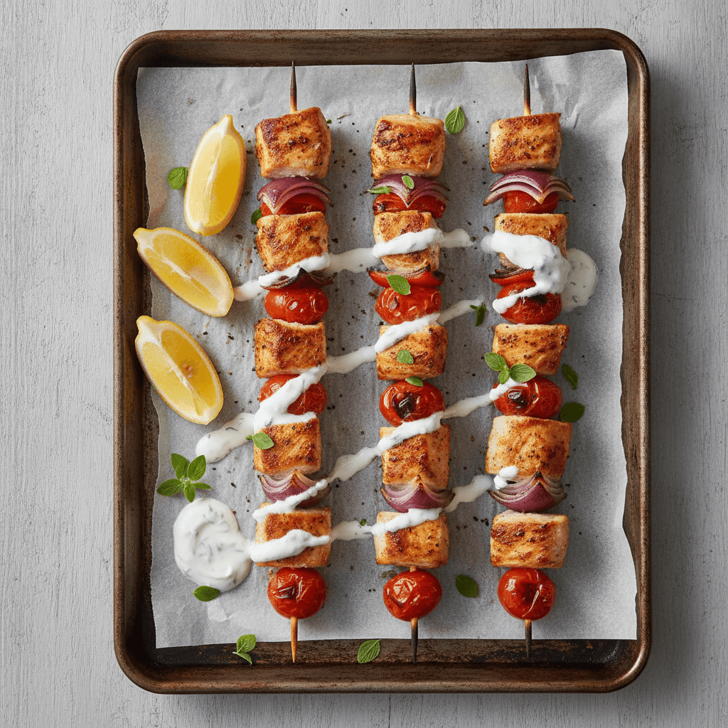 Bunte Hähnchen-Spieße mit Paprika, roter Zwiebel und Kirschtomaten auf einem Blech mit Joghurtsauce und Zitronenspalten