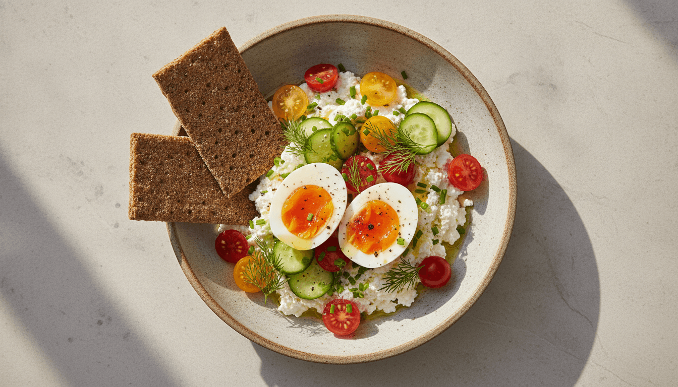 Herzhafte Hüttenkäse-Bowl mit halbierten wachsweichen Eiern, Kirschtomaten, Gurkenscheiben, Schnittlauch und Knäckebrot
