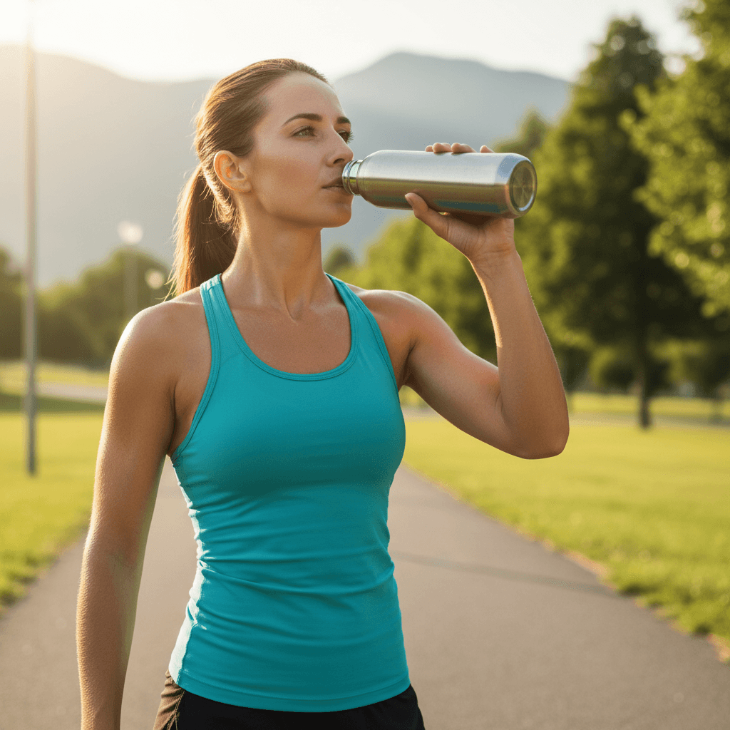 Sportler trinkt während des Trainings aus einer Wasserflasche