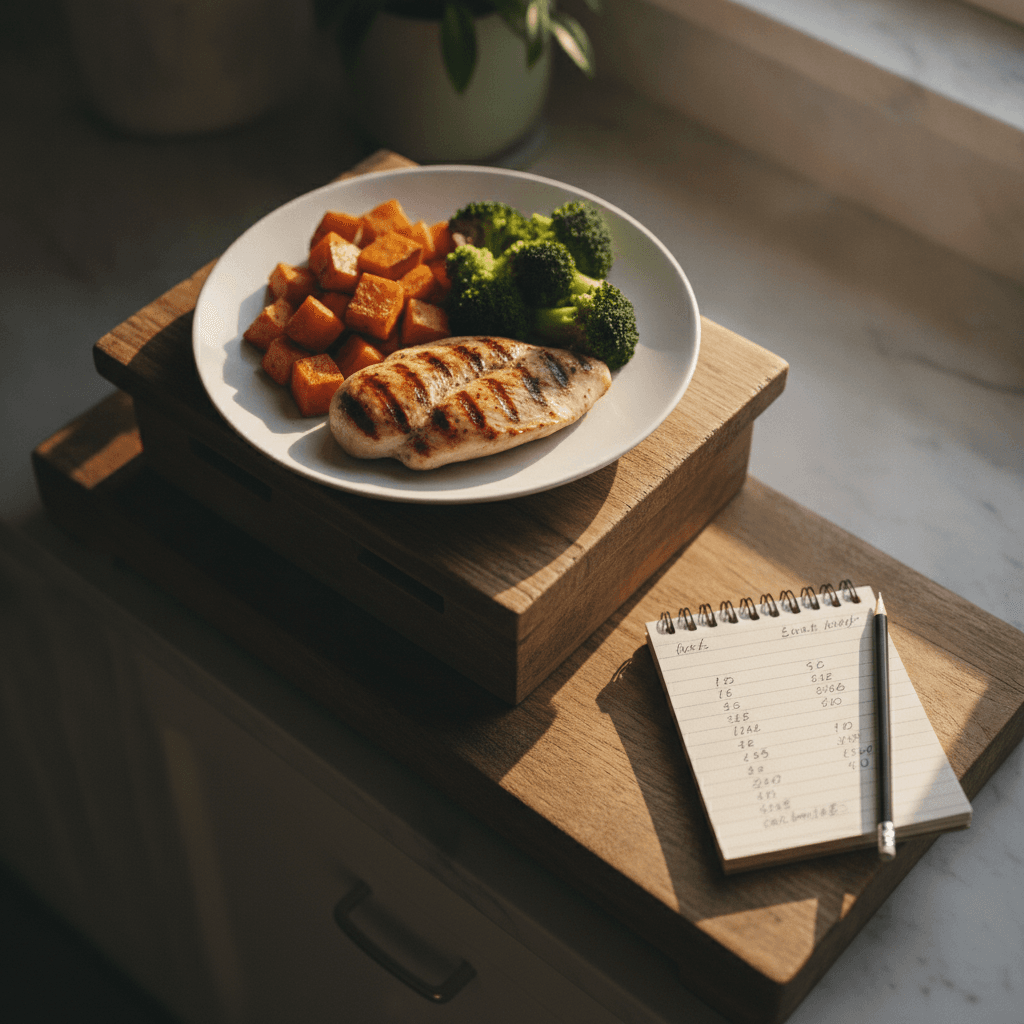 Küchenwaage mit Portion Hähnchen, Süßkartoffel und Brokkoli neben einem Kalorien-Notizbuch im Morgenlicht