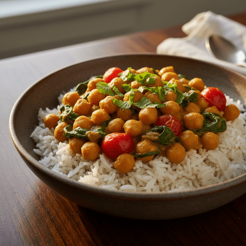Tiefe Schale goldenes Kichererbsen-Curry mit Spinat und Tomaten über Basmatireis, mit frischem Koriander