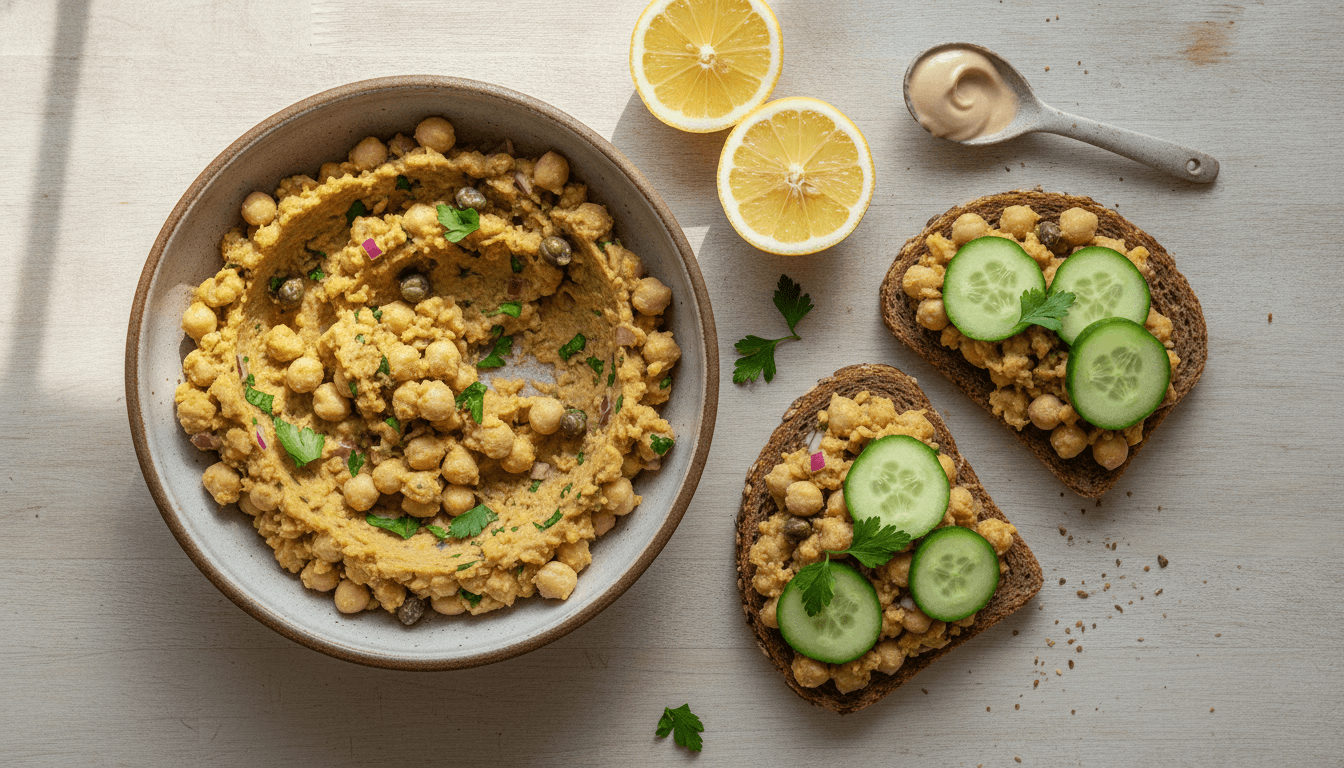 Schüssel mit cremigem Kichererbsen-Salat-Aufstrich neben zwei belegten Vollkornbroten mit Gurkenscheiben und Petersilie