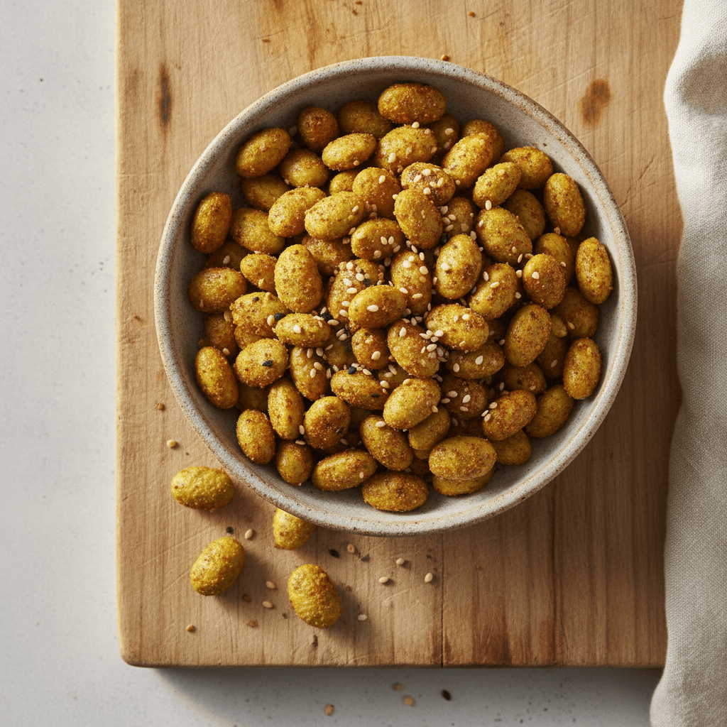 Knusprig geröstete Edamame mit Paprikapulver und Sesam in einer Schale auf hellem Untergrund