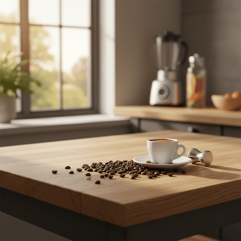 Frische Kaffeebohnen neben einem Espresso auf einer Küchenarbeitsplatte im Morgenlicht