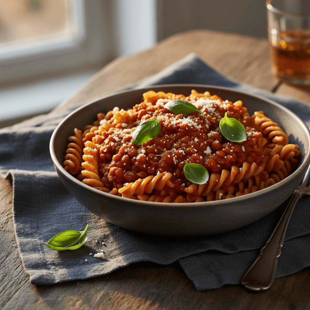 Tiefer Teller Vollkorn-Pasta mit roter Linsen-Bolognese und Basilikum auf dunklem Untergrund