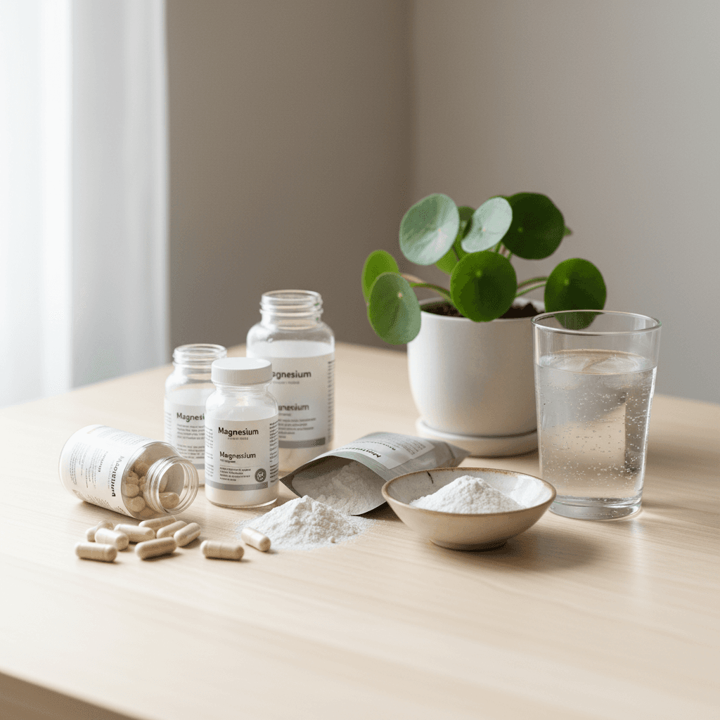 Verschiedene Magnesium-Kapseln und Pulver auf einer Holzunterlage neben einem Glas Wasser