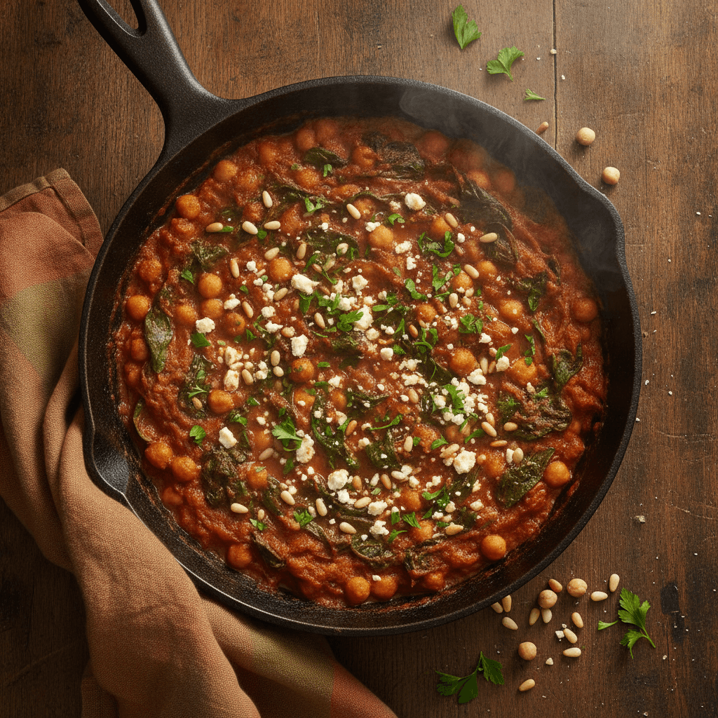 Mediterrane Kichererbsen-Pfanne mit Tomaten, Spinat, Feta und Pinienkernen in einer gusseisernen Pfanne