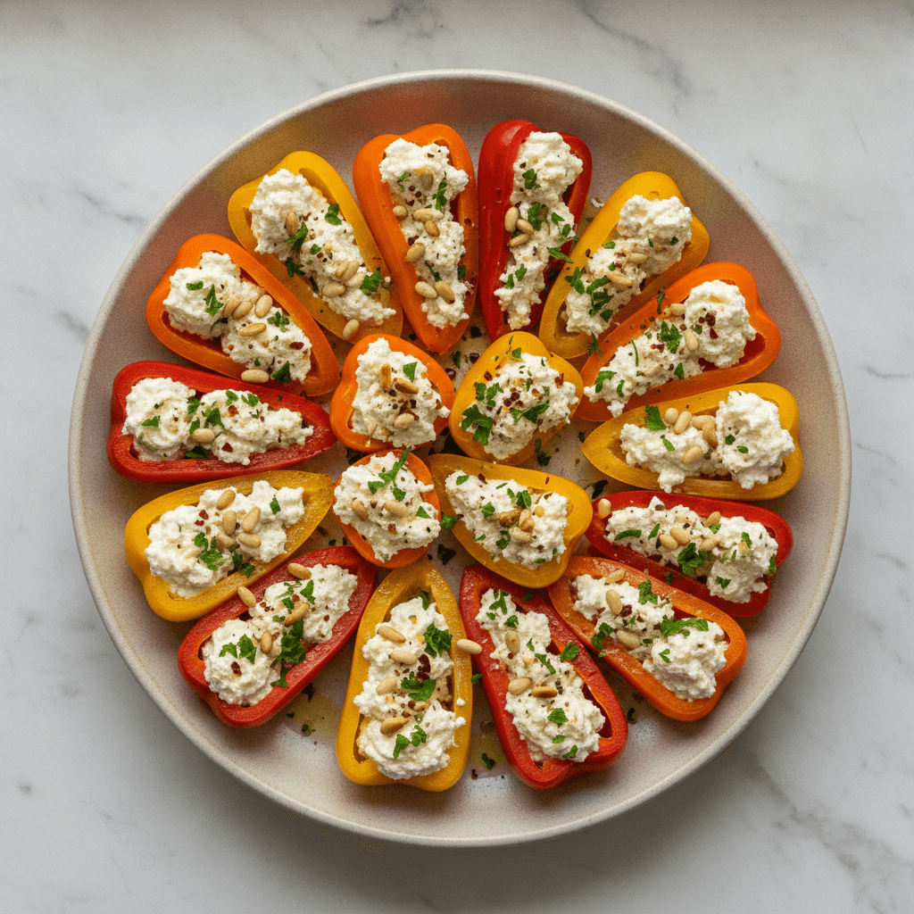 Halbierte Mini-Paprika gefüllt mit heller Feta-Quark-Creme, bestreut mit gerösteten Pinienkernen, Petersilie und Chiliflocken auf einem Teller