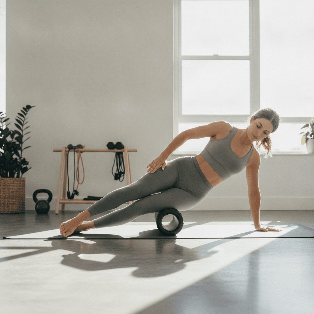 Person rollt mit einer Faszienrolle den Oberschenkel auf einer Yogamatte im sonnendurchfluteten Heimstudio