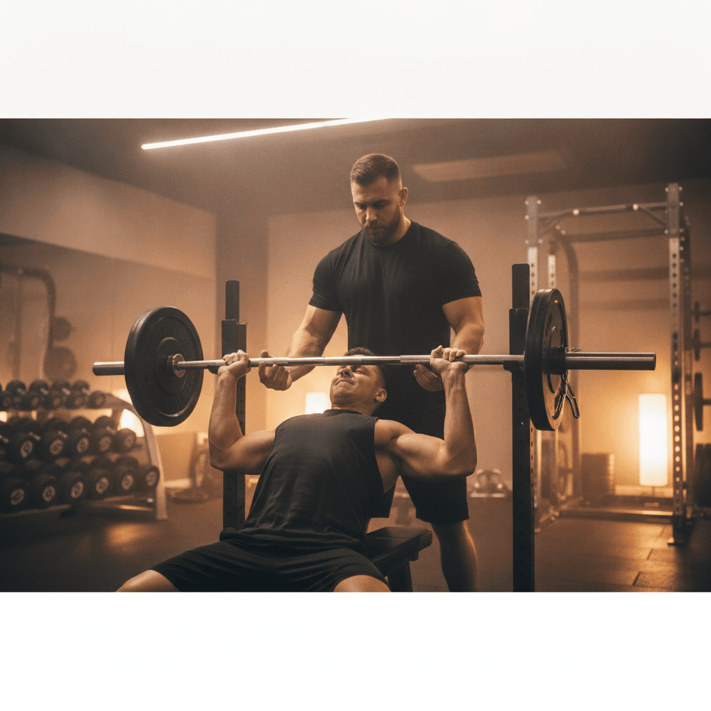 Athlète de force effectuant un développé couché lourd avec un pareur en salle, dernière rep avant l'échec musculaire