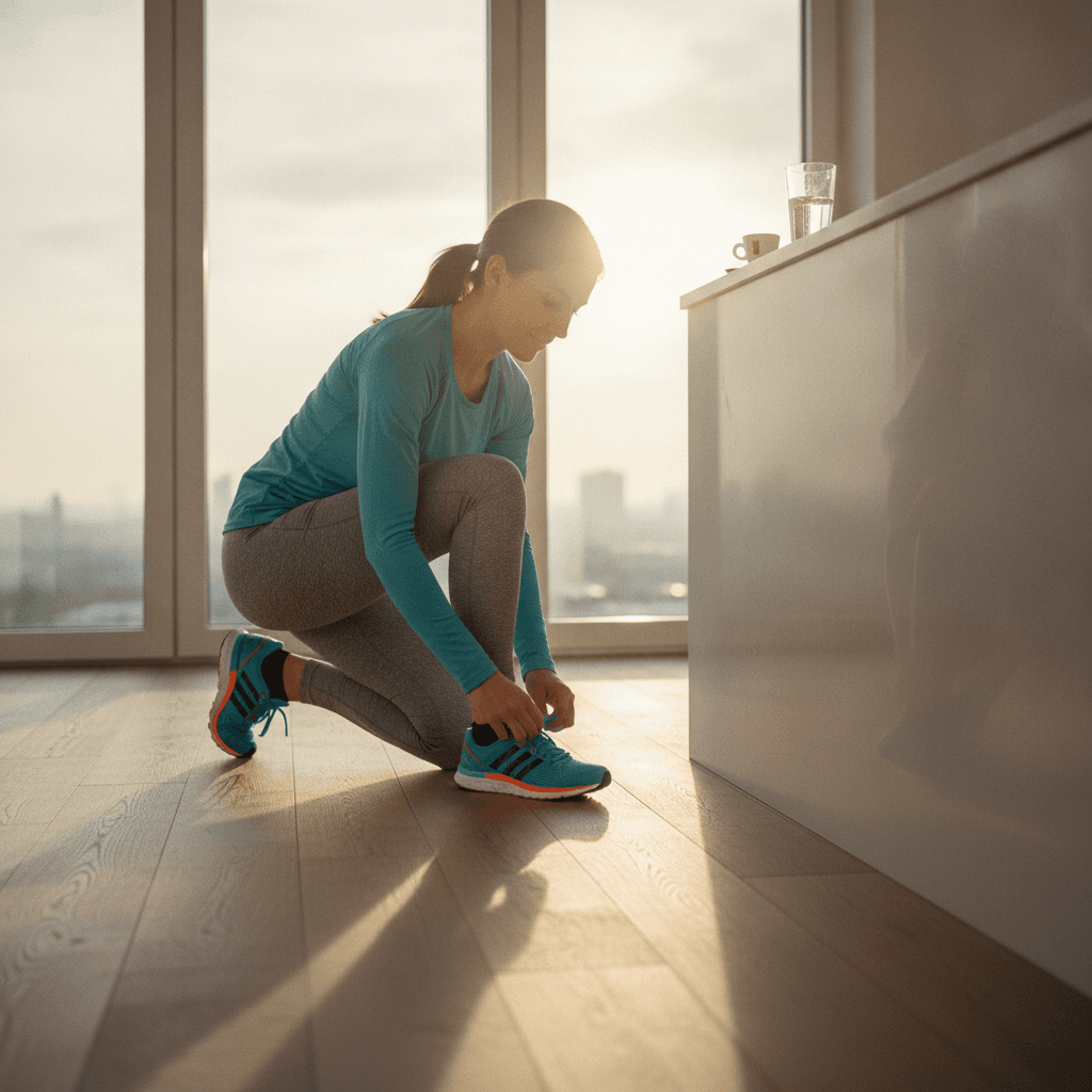 Persona che allaccia le scarpe da corsa in una cucina minimalista all'alba, tazza di espresso vuota sul piano di lavoro