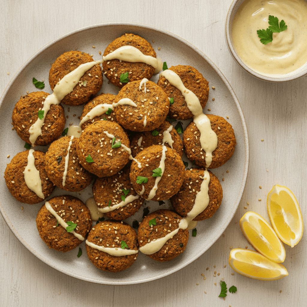 Goldbraune Ofen-Falafel aus roten Linsen mit Zitronen-Tahini-Dip, Petersilie und Sesam auf einem hellen Teller