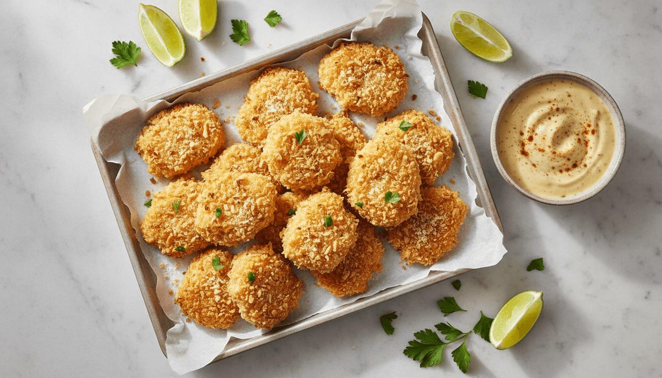 Goldbraune Hähnchen-Nuggets mit Mandel-Parmesan-Panade auf Backpapier, daneben eine Schale mit gelbem Curry-Joghurt-Dip und Limettenspalten