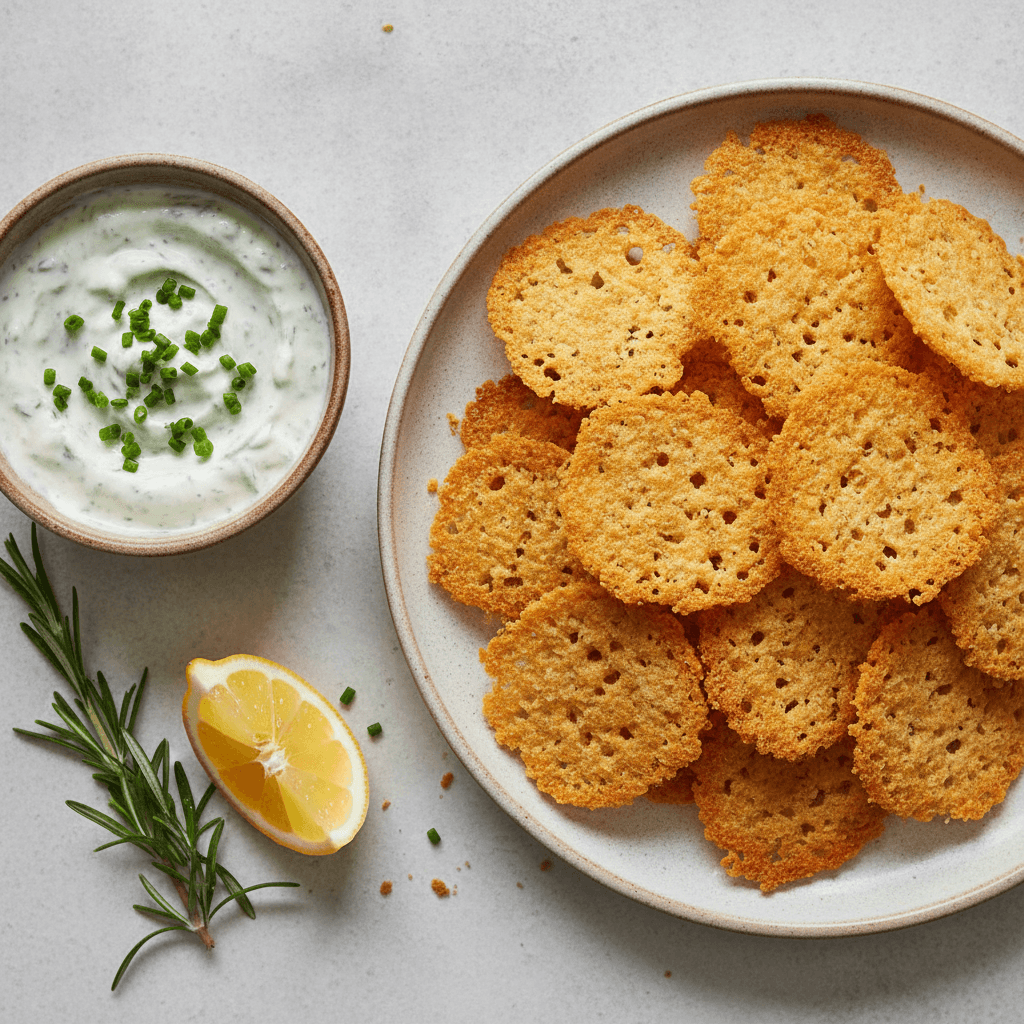 Goldene knusprige Parmesan-Chips auf einem Teller mit einem cremigen Kräuter-Joghurt-Dip und frischem Schnittlauch