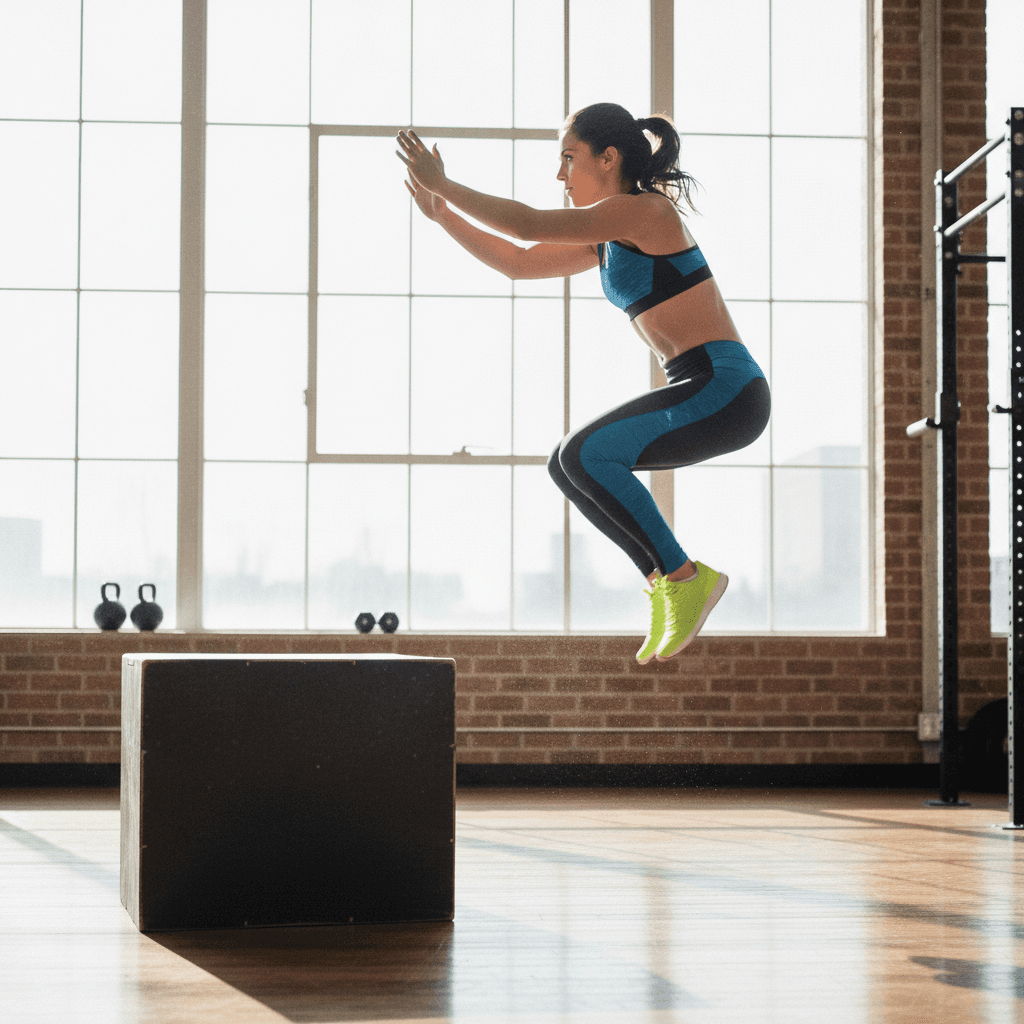 Person mitten im Sprung neben einer Plyo-Box im Gym, Seitenansicht